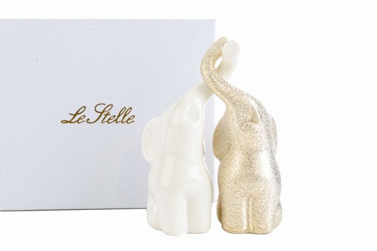 Picture of Set 2 elefantini porcellana bianco/glitter oro c/astuccio Le stelle Bomboniere
